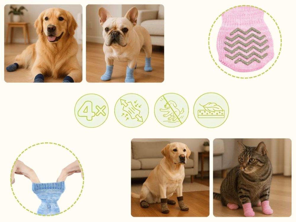 Dogs and a cat wearing hydrophobic non-slip pet socks, ideal for indoor comfort and outdoor dog walk paw protection.